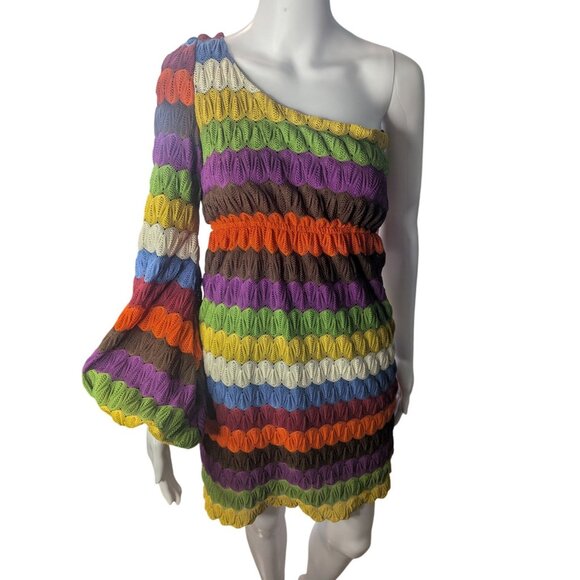 Judith March Mini Dress Sz S Multicolor Striped Crochet Retro Hippie Artsy - Picture 1 of 11